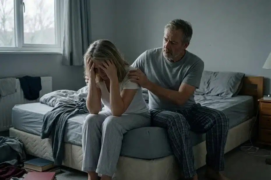 Mann tröstet Frau nach Schlaf im Wasserbett
