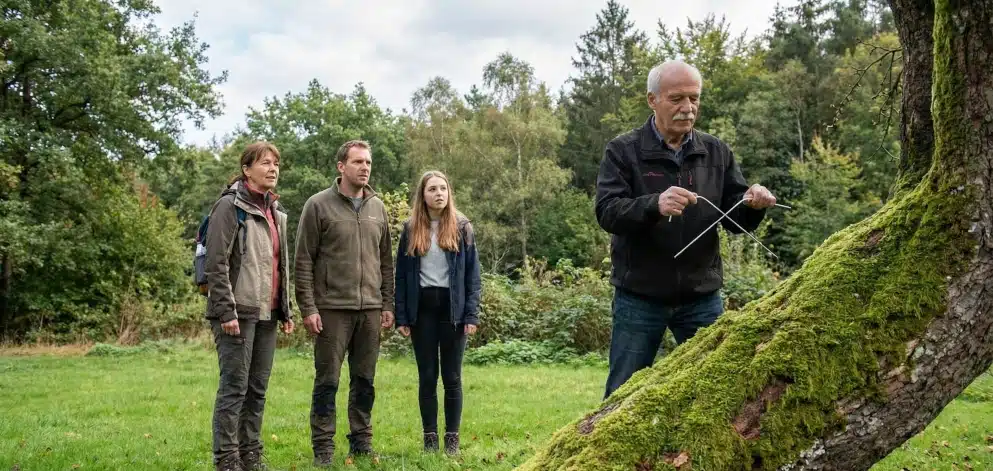 Rutengänger symbolhaft bei eerkundungen im wald