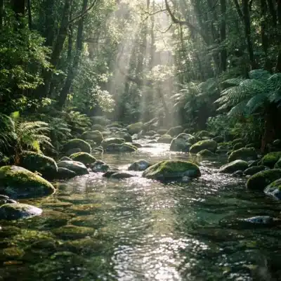 Klarer Bachlauf im Wald symbolisiert die natürliche Kraft von Wasser in der Baubiologie